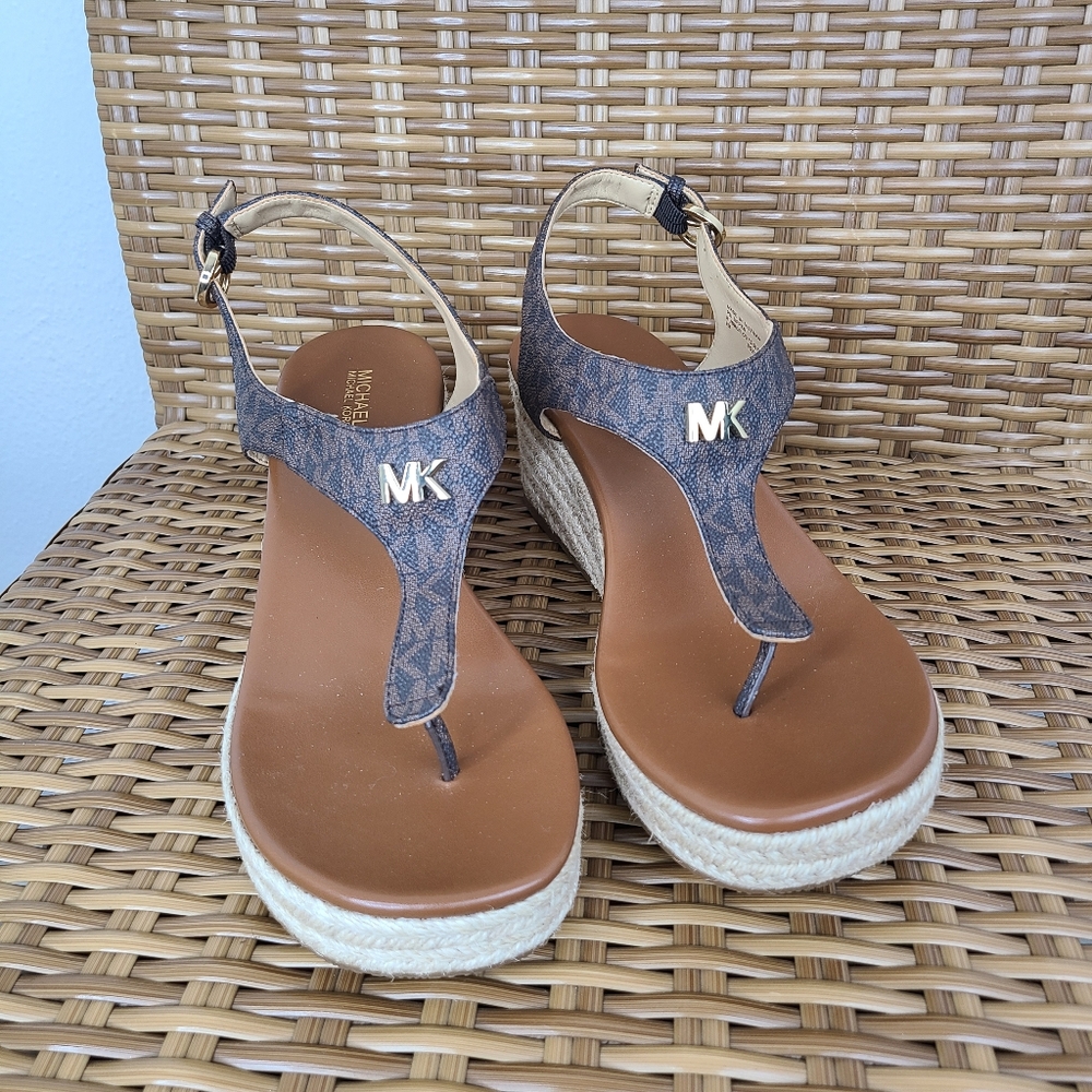 Michael Kors Shoes Espadrille Wedge Sandals Laney Thong MK Logo Brown Size 9M